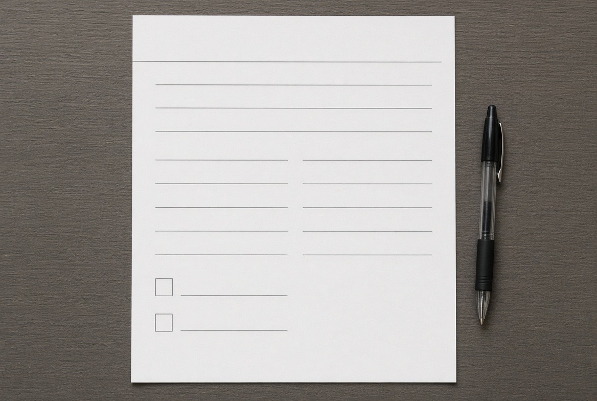 A blank financial assistance application form lying flat on a desk with a ballpoint pen beside it, ruled lines and two empty checkboxes, nothing filled in