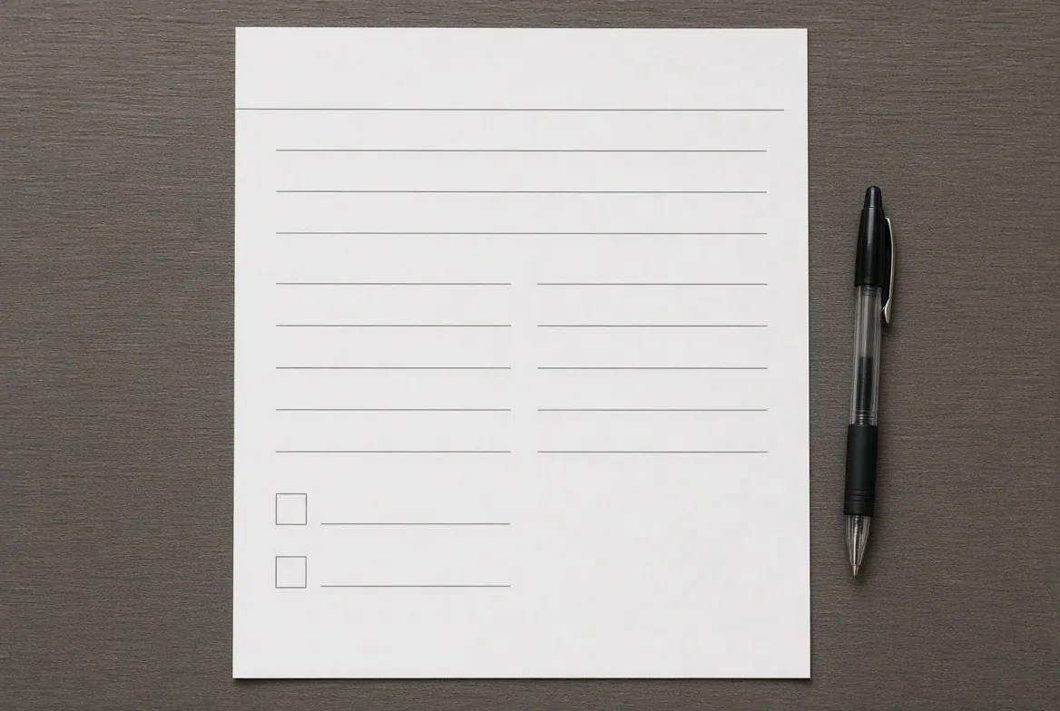 A blank financial assistance application form lying flat on a desk with a ballpoint pen beside it, ruled lines and two empty checkboxes, nothing filled in