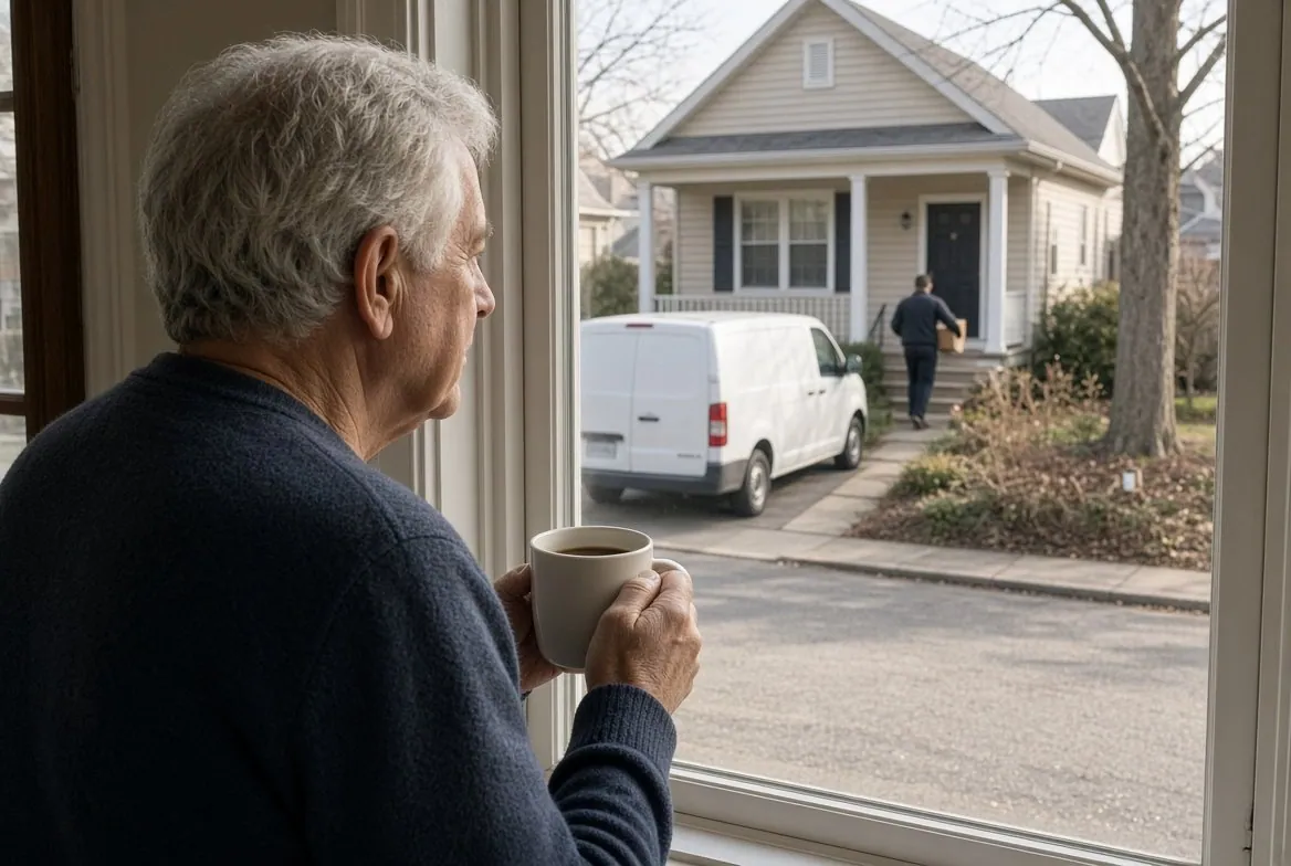 An older man with a mug of coffee at his front window watching an unmarked white van parked next door and a technician carrying a box up the neighbor's steps