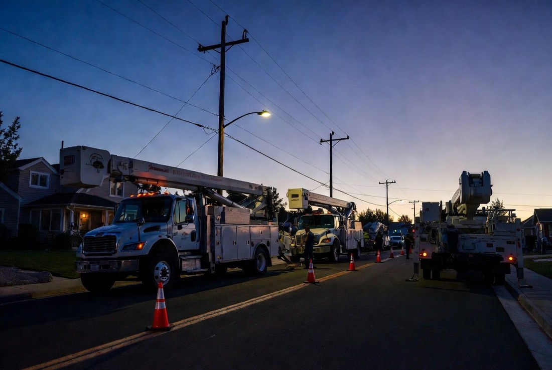 Three utility bucket trucks lined up nose to tail on a residential street at dusk with cones down the center line and crews working