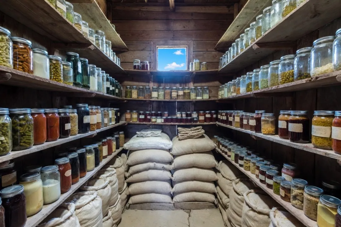 A wood-shelved pantry packed floor to ceiling with labelled home-canned jars, stacked cloth sacks of dry goods on the floor and a small window at the far end