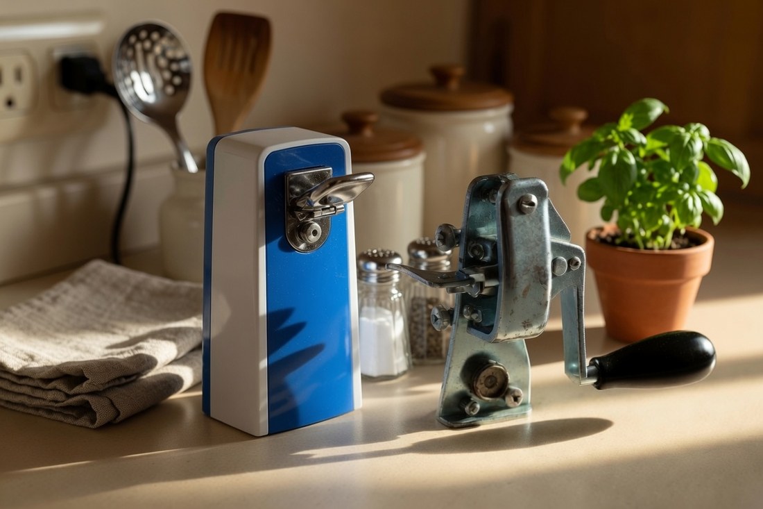 An electric can opener plugged in on a kitchen counter beside an old worn manual can opener with a black handle