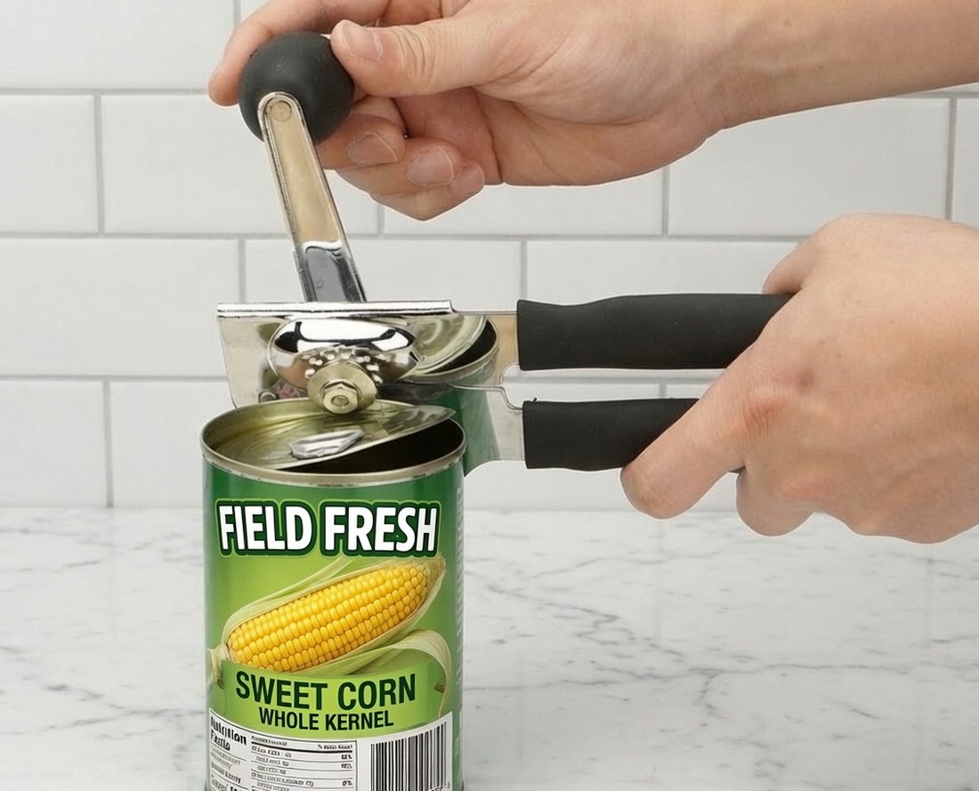 Two hands working a manual can opener on a can of sweet corn, one hand squeezing the handles together while the other turns the key