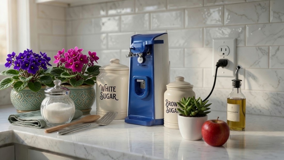 A countertop electric can opener standing plugged in on a kitchen counter among canisters, a small plant and everyday things