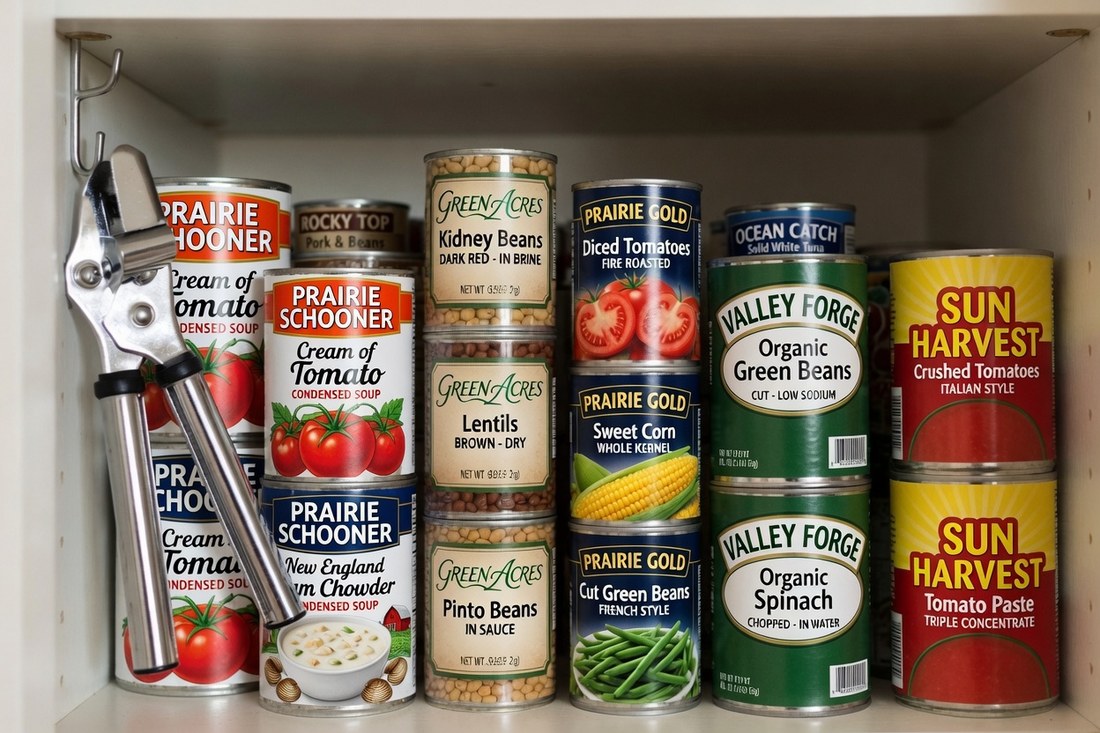 A pantry shelf stacked with ordinary canned soups, beans, tomatoes and vegetables, with a manual can opener hanging on a hook at the left-hand end