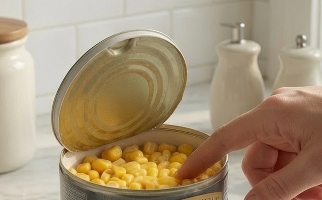 A finger resting against the smooth rolled rim of an opened can of corn, the removed lid propped up beside it with a clean unbroken edge