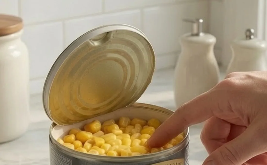 A finger resting against the smooth rolled rim of an opened can of corn, the removed lid propped up beside it with a clean unbroken edge