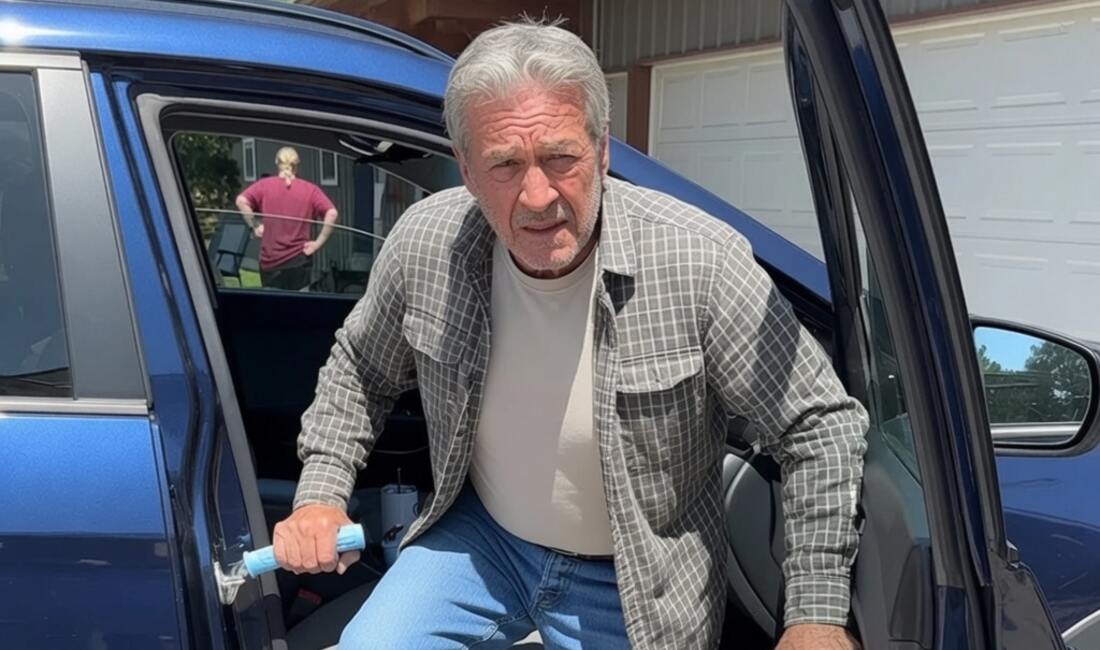 A senior man stepping out of an SUV using a blue portable support handle seated in the door latch
