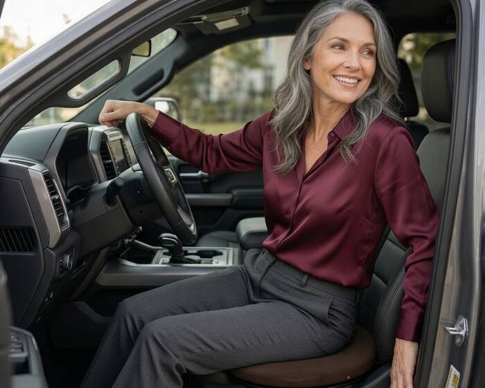 A smiling woman with gray hair seated on a round swivel cushion in a pickup truck, rotating her legs toward the open door