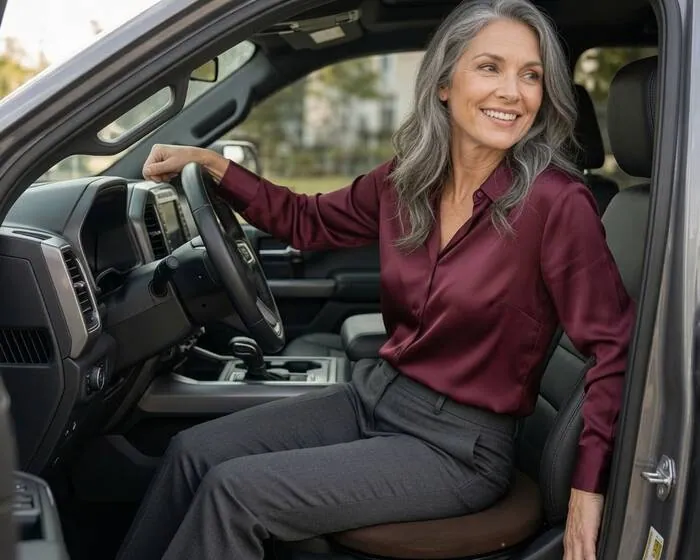 A smiling woman with gray hair seated on a round swivel cushion in a pickup truck, rotating her legs toward the open door