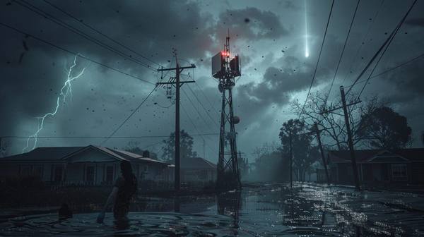 Person holding phone with no signal next to flooded cell tower during hurricane — why Starlink works when cell towers fail