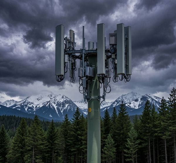 Cell tower against a dark stormy sky — the infrastructure that fails in every major disaster