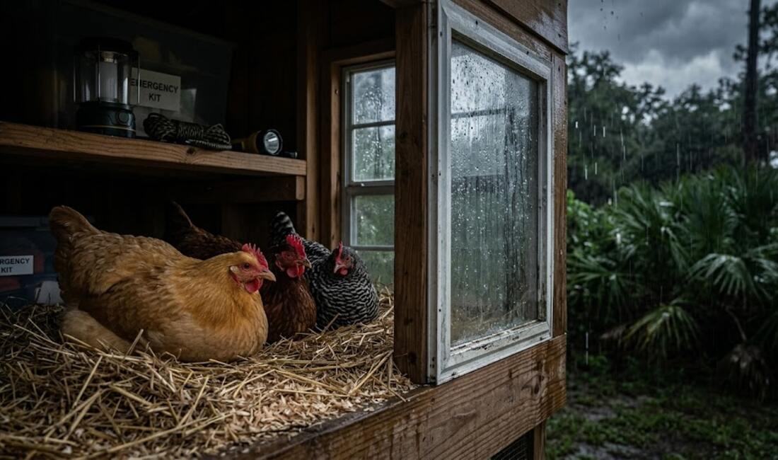 Hens settled on straw inside a sturdy coop with an emergency kit and lantern on the shelf as a storm passes outside