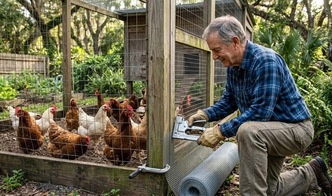 A senior man kneeling with a staple gun, fastening hardware cloth to a chicken run frame while the flock watches