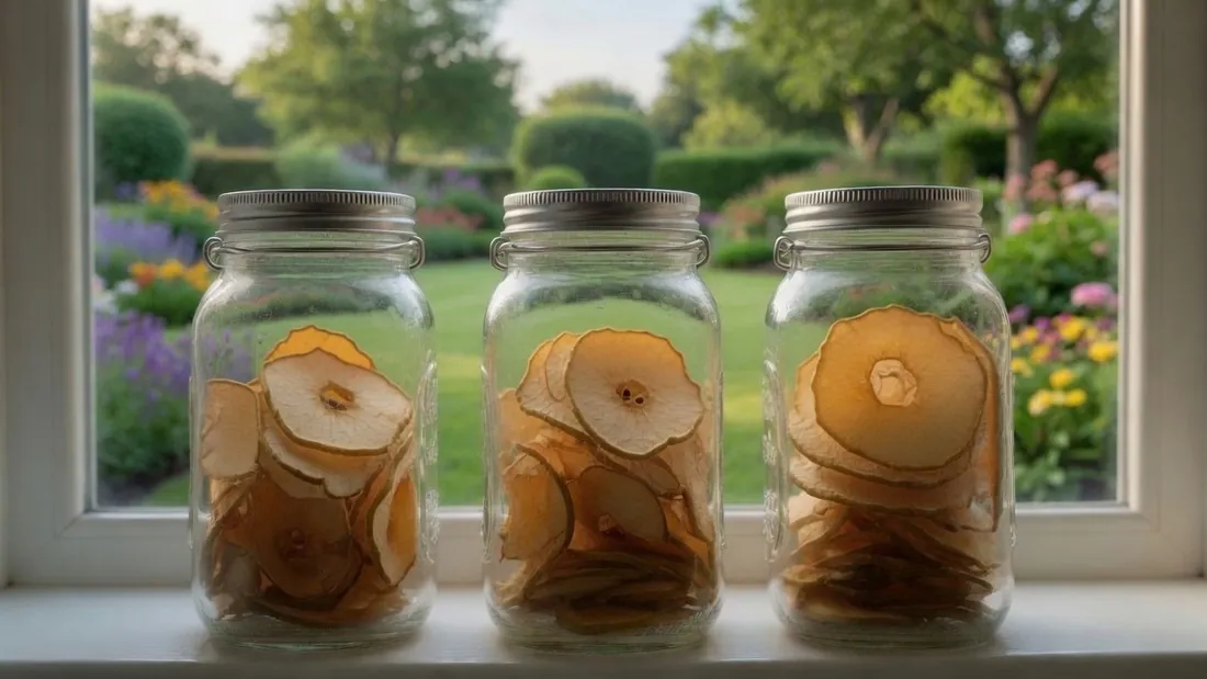 Three clear glass jars of dried apple slices lined up on a white windowsill with a sunlit garden visible through the window behind them