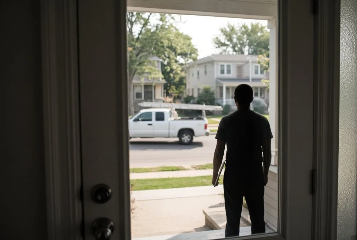 A view from inside an American house through the open front door at a man standing on the porch in silhouette against bright afternoon light, holding a clipboard at his side, a white pickup with a ladder on the rack parked at the kerb behind him