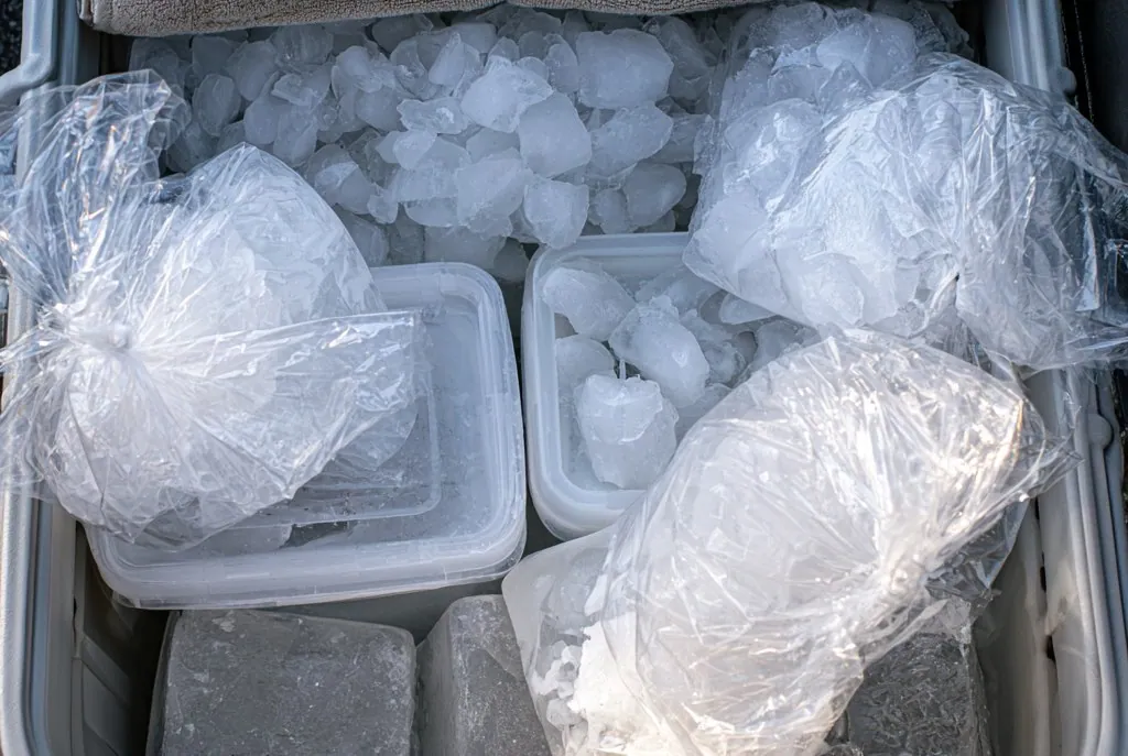 A cooler seen from above packed in layers, block ice across the bottom, sealed containers above it, bagged cubed ice filling every gap and a folded towel ready to lay on top