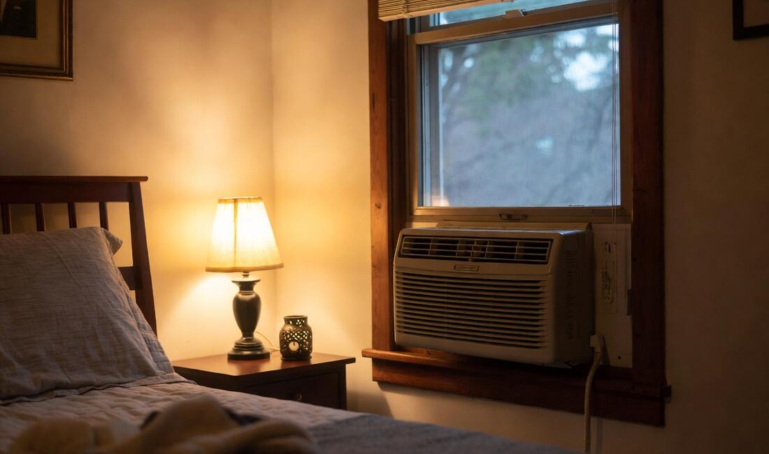 A cozy bedroom at evening with a window air conditioner installed and a warm lamp beside the bed