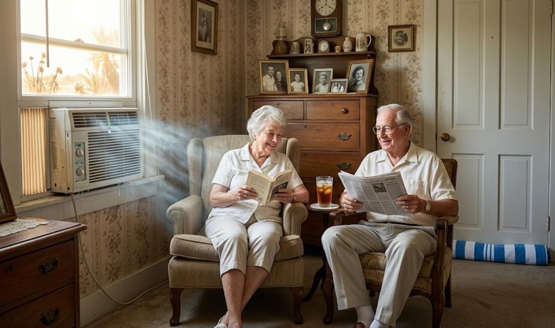 A senior couple reading comfortably in a cool room with a window air conditioner running
