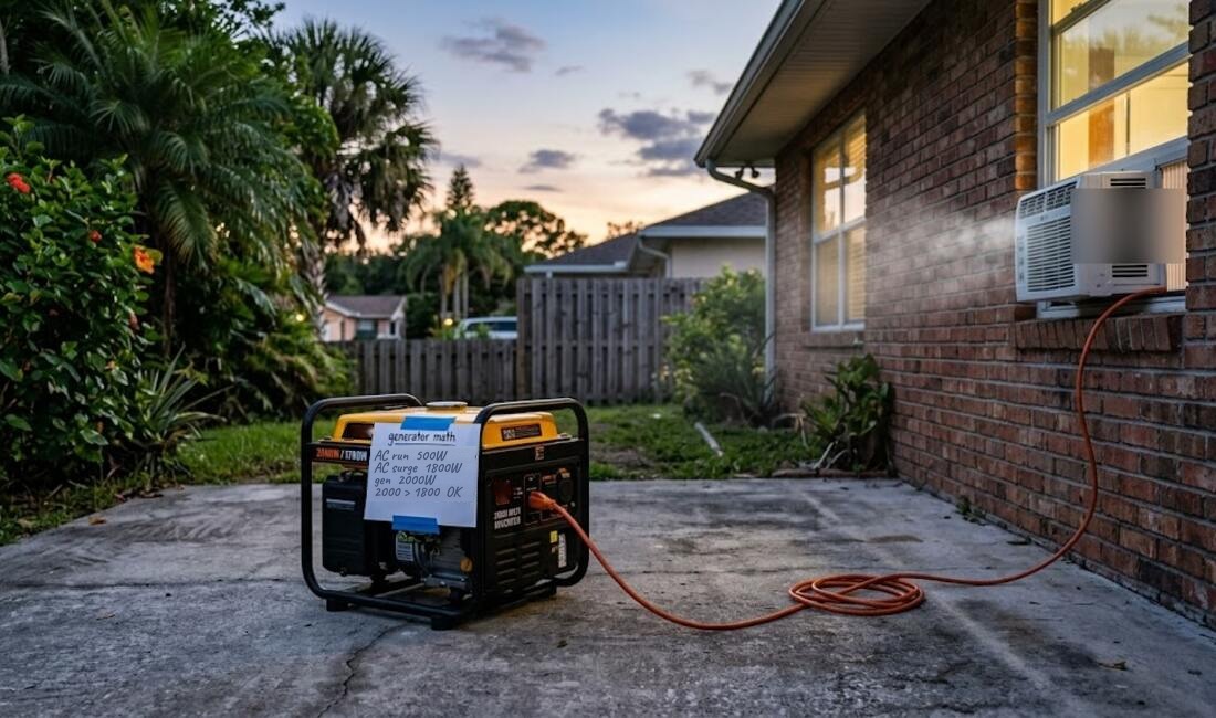 A small generator on a backyard patio at dusk with a handwritten note taped to its housing, headed generator math and reading AC run 500W, AC surge 1800W, gen 2000W, and 2000 is greater than 1800 so OK, with an extension cord running to a window air conditioner on the house