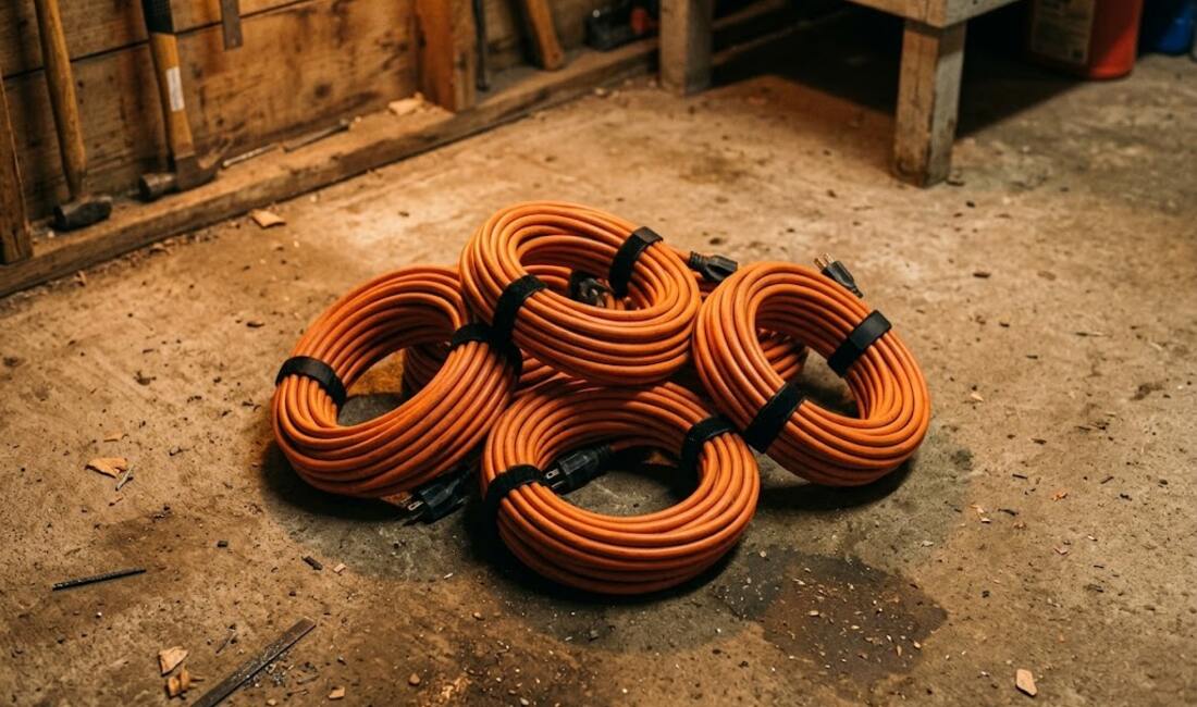 Four heavy orange extension cords neatly coiled with straps in a garage