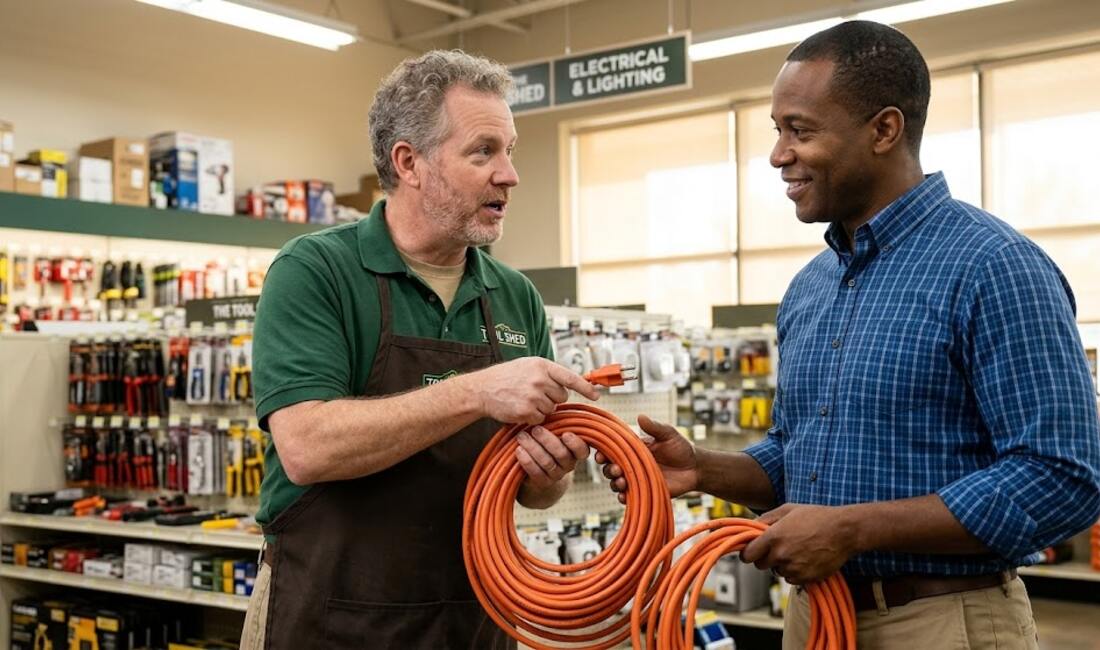 A hardware store clerk handing a heavy orange extension cord to a customer in the electrical aisle