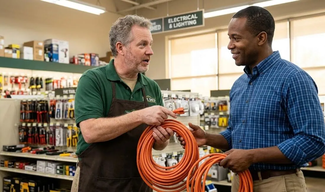 A hardware store clerk handing a heavy orange extension cord to a customer in the electrical aisle