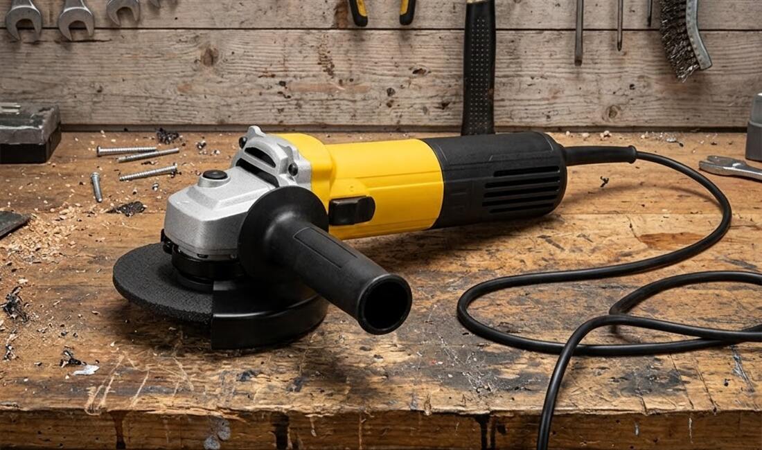 An unbranded corded angle grinder resting on a wooden workbench below a wall of hand tools