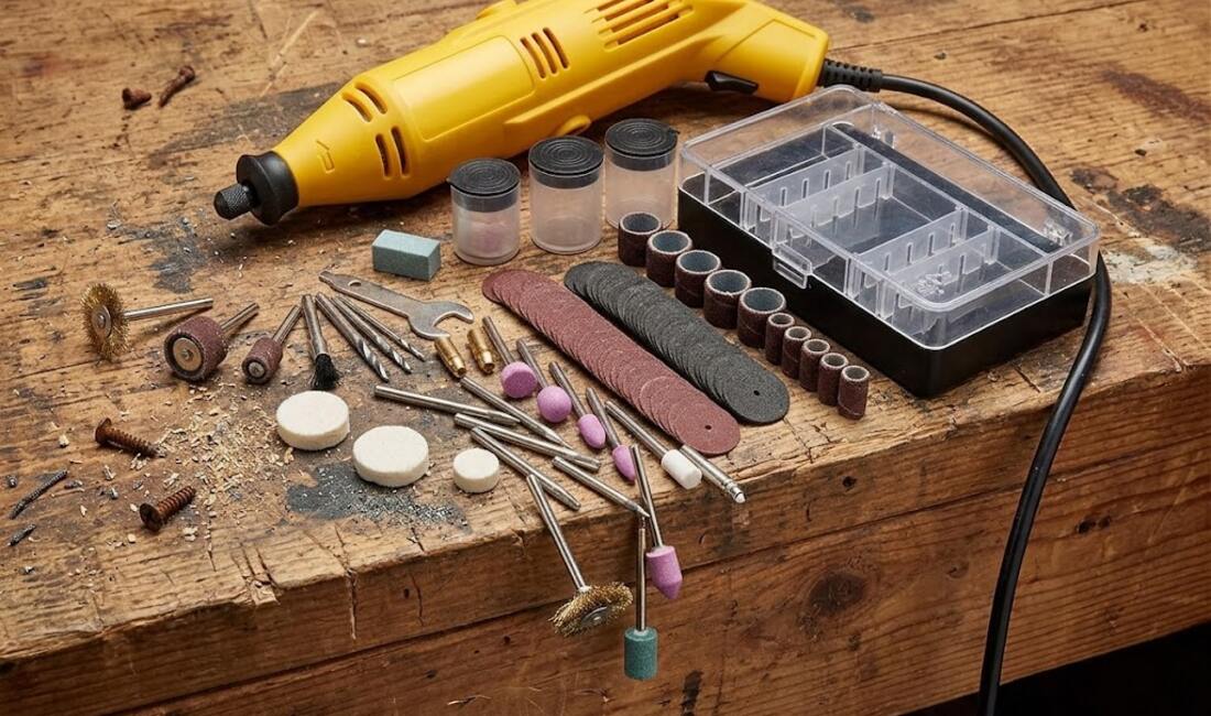 An unbranded corded rotary tool with its accessory kit spread on a wooden workbench
