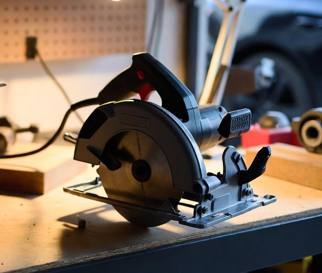 A corded circular saw on a garage workbench under a work lamp, its cord running away across the bench to a wall socket on the pegboard behind