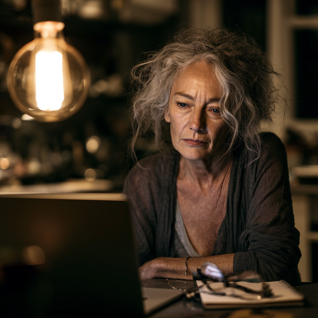 Retired woman at a kitchen table at night with a laptop and notepad, researching and planning under warm lamp light