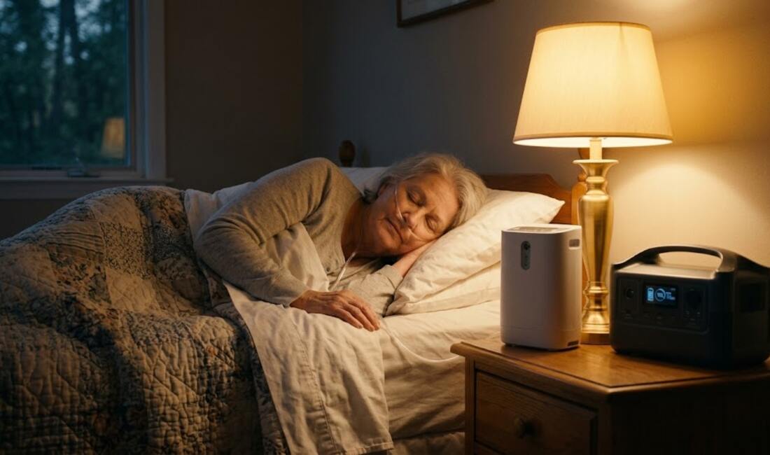 A senior woman sleeping peacefully while her oxygen concentrator runs from a battery power station on the nightstand
