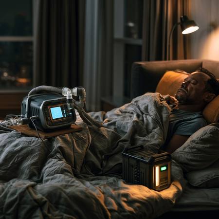 CPAP machine connected to portable battery station — backup power keeps medical equipment running during animal-caused outages