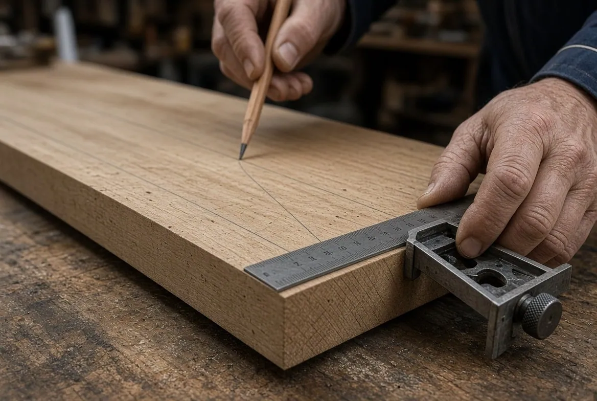 A combination square held against the edge of a board while a pencil draws along its blade, with a second line already drawn slightly off the first so the two visibly diverge across the board