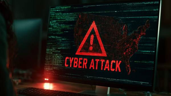 CYBER ATTACK warning on US power grid map on computer monitor