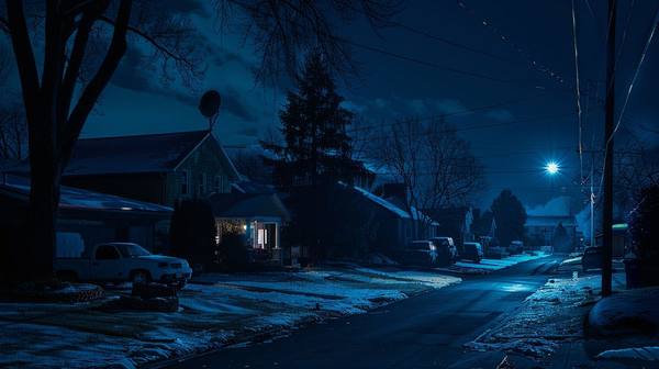 Dark neighborhood at night during power outage — one house lit and connected via Starlink satellite dish on roof