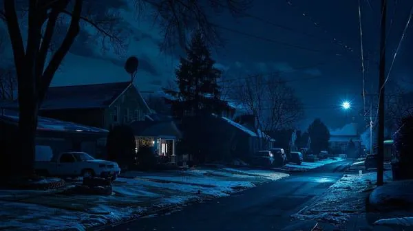 Dark neighborhood at night during power outage — one house lit and connected via Starlink satellite dish on roof