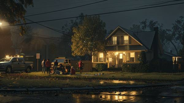 Dark residential neighborhood in winter during Texas-style rolling blackout — most homes without power