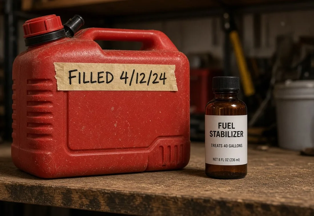 A dusty red plastic gas can on a wooden garage shelf with masking tape on its side reading FILLED 4/12/24, and a small brown bottle labeled FUEL STABILIZER standing beside it
