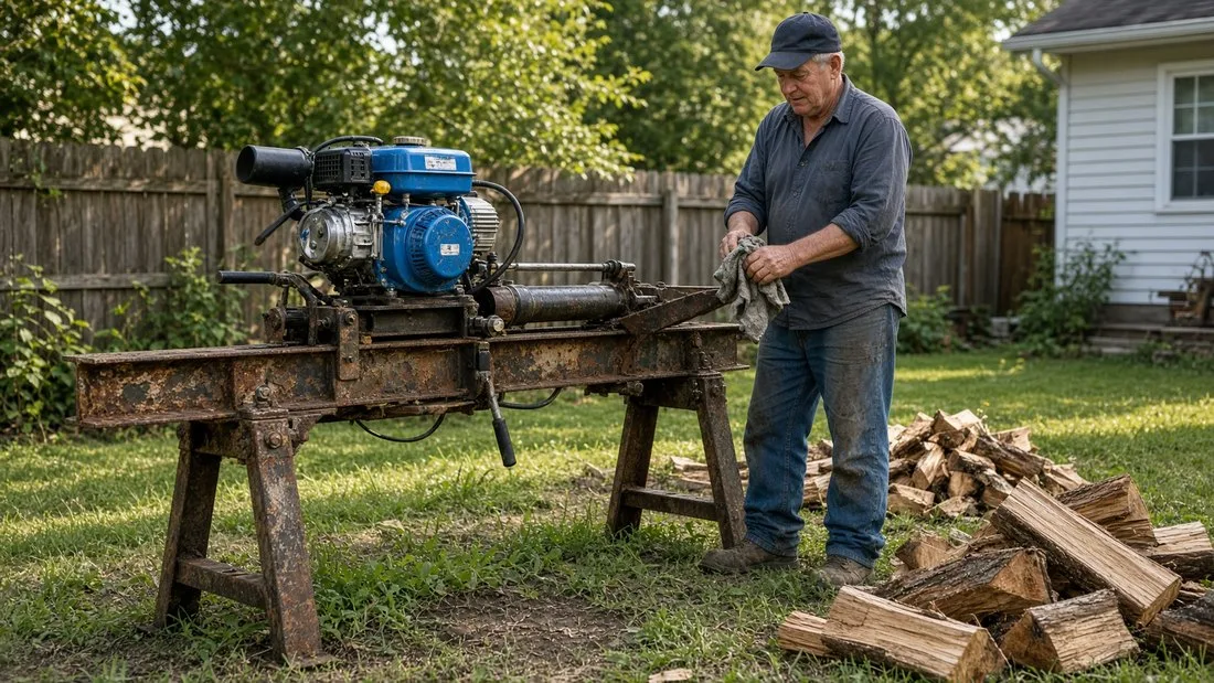 A homemade-looking wood splitter on a heavily rusted steel beam and legs in a fenced back yard, with a bright new blue engine bolted on top, while an older man in a cap wipes his hands on a rag beside a pile of freshly split logs