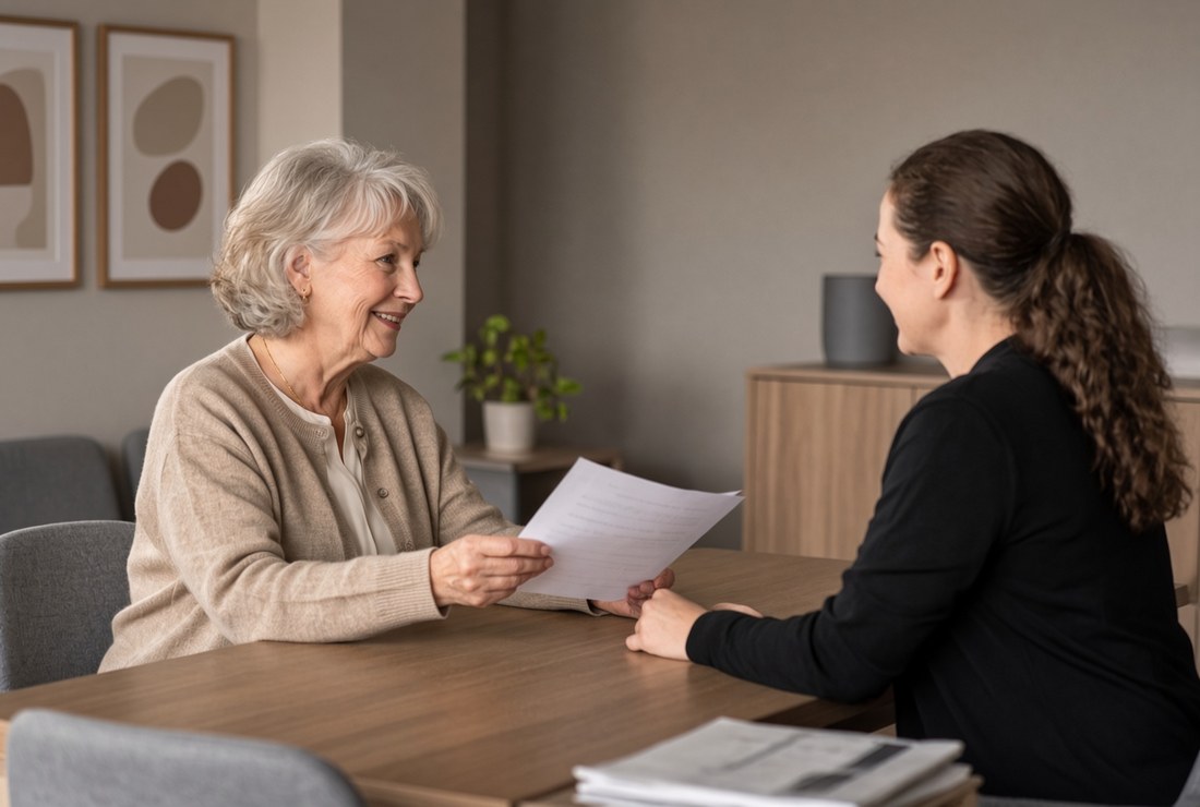 An older woman at a desk handing a printed estimate across to a member of the practice staff, both relaxed and talking