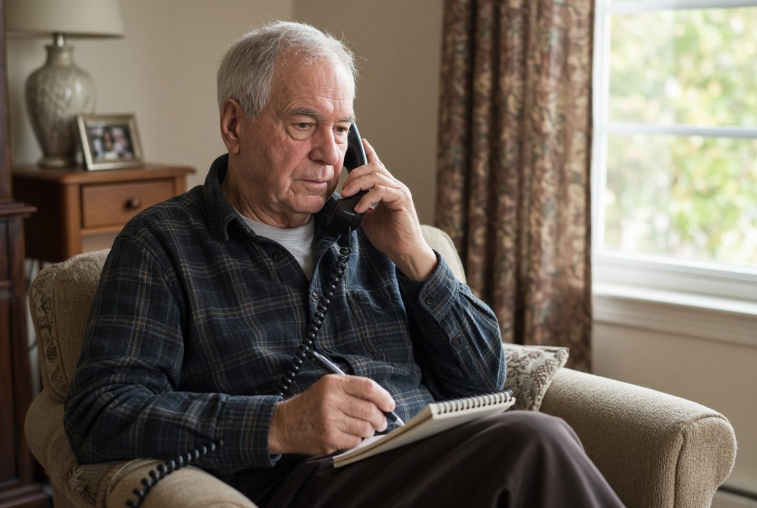 An older man sitting in an armchair by a window with a telephone to his ear and a notepad on his knee, writing as he listens