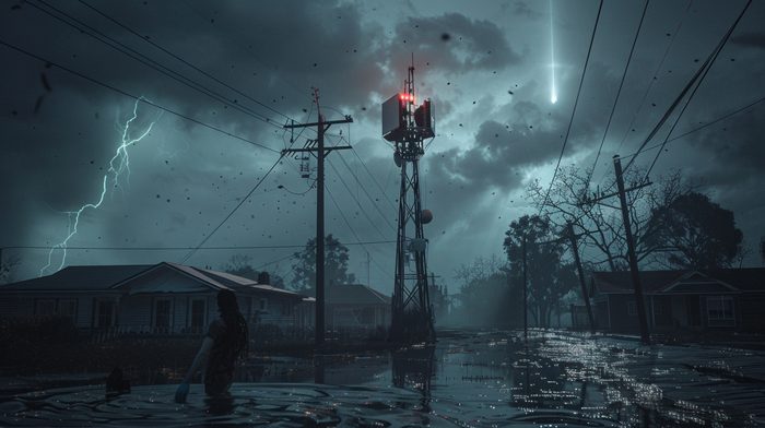 Flooded neighborhood with dead cell tower and satellite beam in sky — Starlink Direct to Cell keeps phones connected