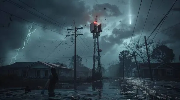 Flooded neighborhood with dead cell tower and satellite beam in sky — Starlink Direct to Cell keeps phones connected