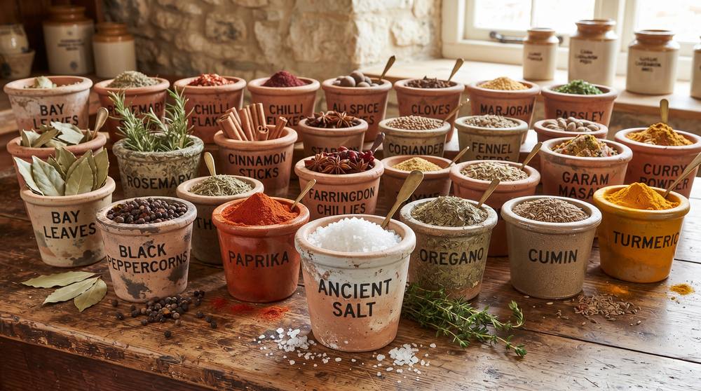 Rows of terracotta pots labeled with herb and spice names including oregano, rosemary, bay leaves, and paprika