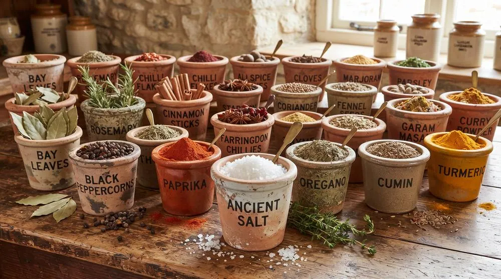 Rows of terracotta pots labeled with herb and spice names including oregano, rosemary, bay leaves, and paprika