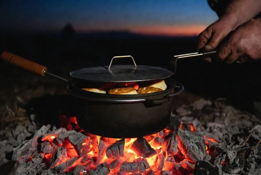 The lid of a camp Dutch oven lifted away with a lid lifter tool at dusk, revealing golden-brown biscuits baking inside over glowing coals