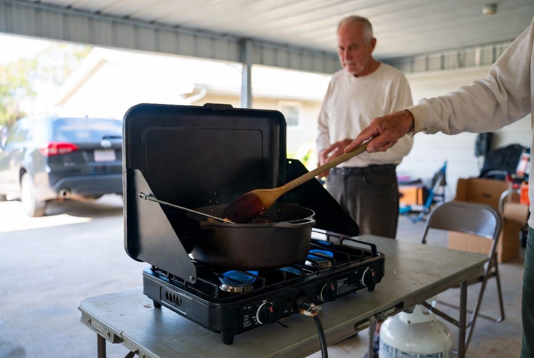 A cast iron Dutch oven simmering on a two-burner propane camp stove on a folding table in an open carport during an outage, an older man stirring with a long wooden spoon