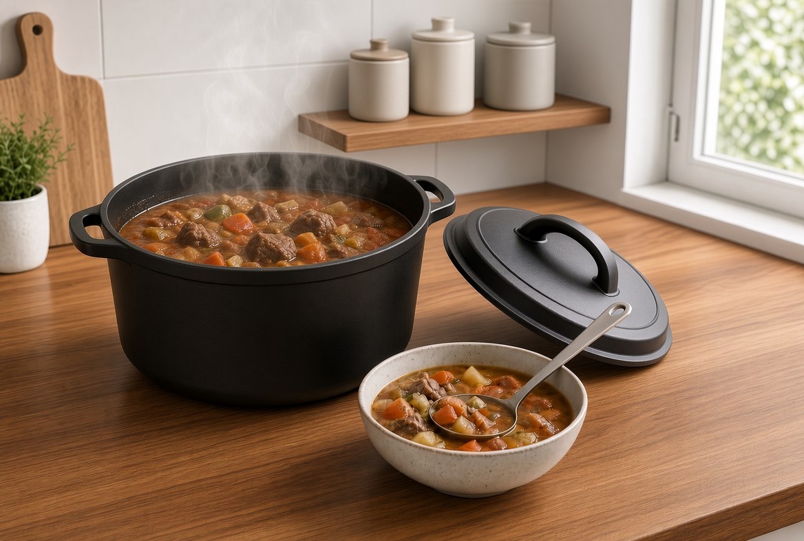 A cast iron dutch oven of stew on a kitchen counter with its lid set aside and a filled bowl and spoon in front of it