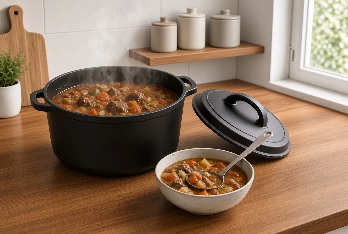A cast iron dutch oven of stew on a kitchen counter with its lid set aside and a filled bowl and spoon in front of it